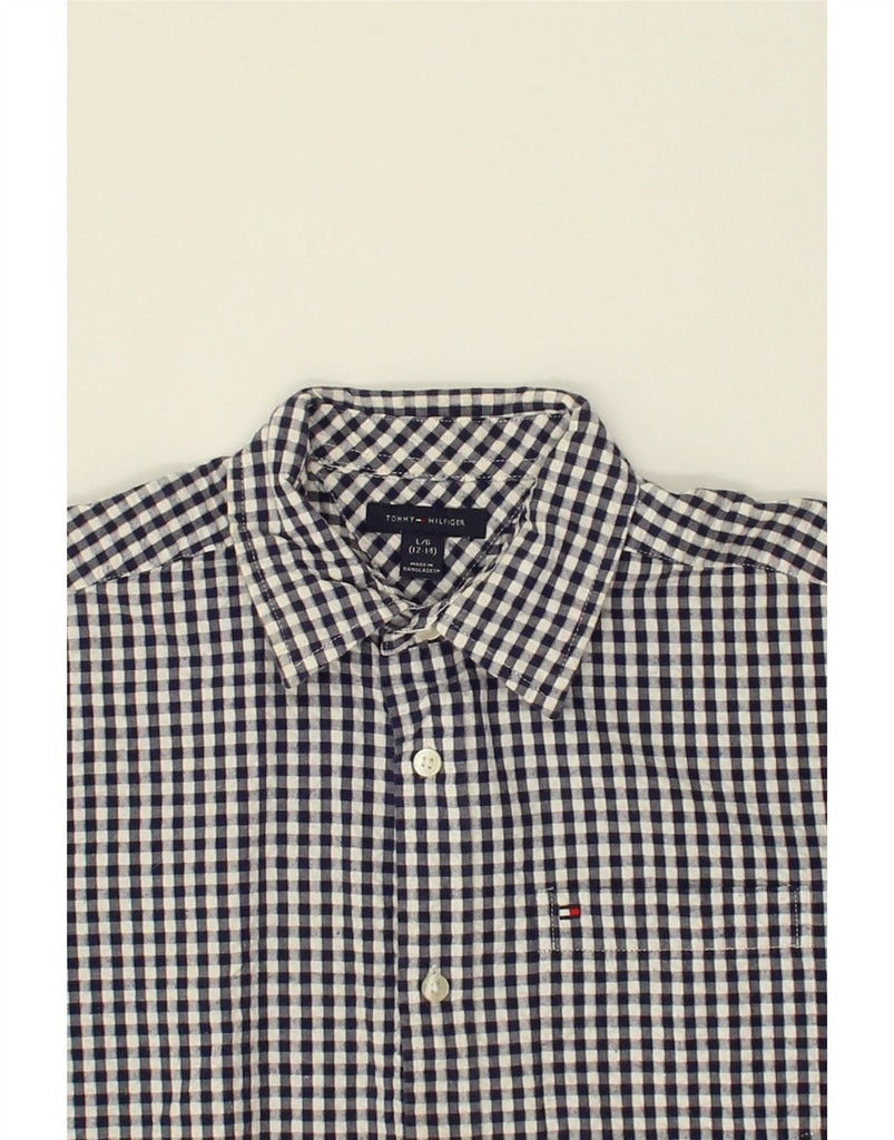 TOMMY HILFIGER Boys Short Sleeve Shirt 12-13 Years Large Navy Blue Gingham Vintage Tommy Hilfiger and Second-Hand Tommy Hilfiger from Messina Hembry 