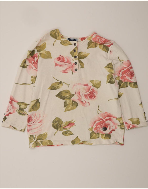 VINTAGE Womens Top Long Sleeve UK 16 Large Off White Floral Cotton