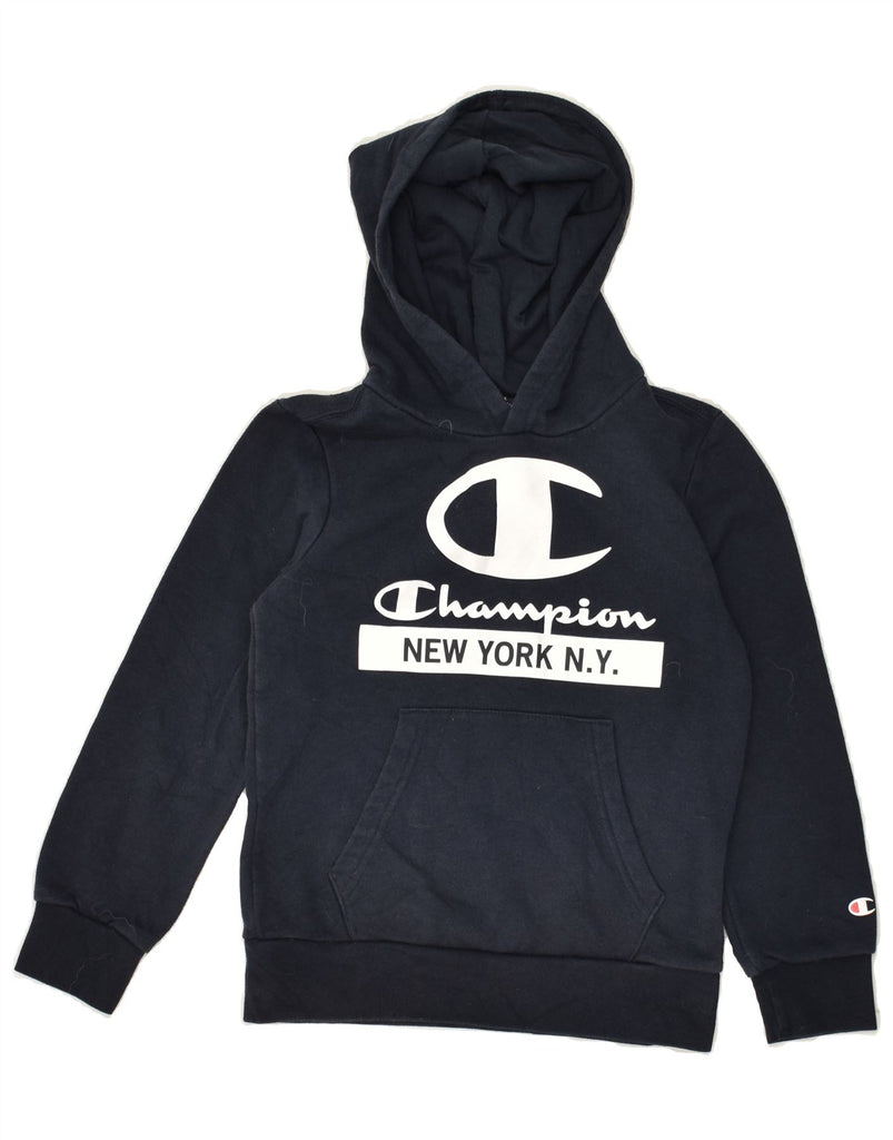 CHAMPION Boys Graphic Hoodie Jumper 7-8 Years Small Navy Blue Cotton | Vintage Champion | Thrift | Second-Hand Champion | Used Clothing | Messina Hembry 