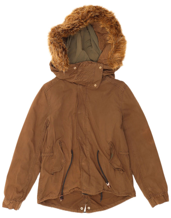 Zara Womens Oversized Hooded Parka Jacket UK 10 Small Brown Polyester