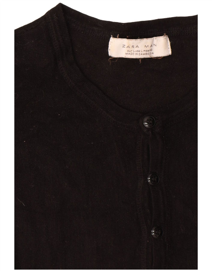 Zara Mens Short Sleeve Button Neck Jumper Sweater Large Black