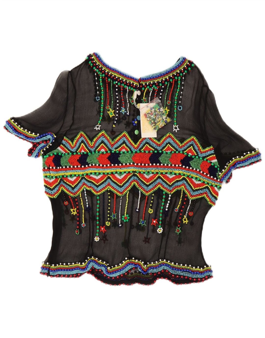 Vintage Womens See Through Blouse Top IT 48 XL Black Geometric Silk