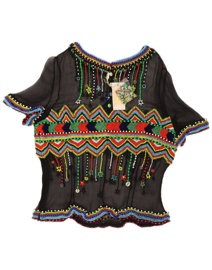 Vintage Womens See Through Blouse Top IT 48 XL Black Geometric Silk