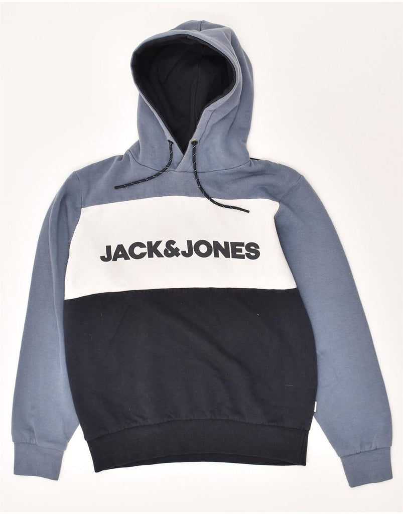 JACK & JONES Mens Graphic Hoodie Jumper Small Blue Colourblock Cotton | Vintage Jack & Jones | Thrift | Second-Hand Jack & Jones | Used Clothing | Messina Hembry 