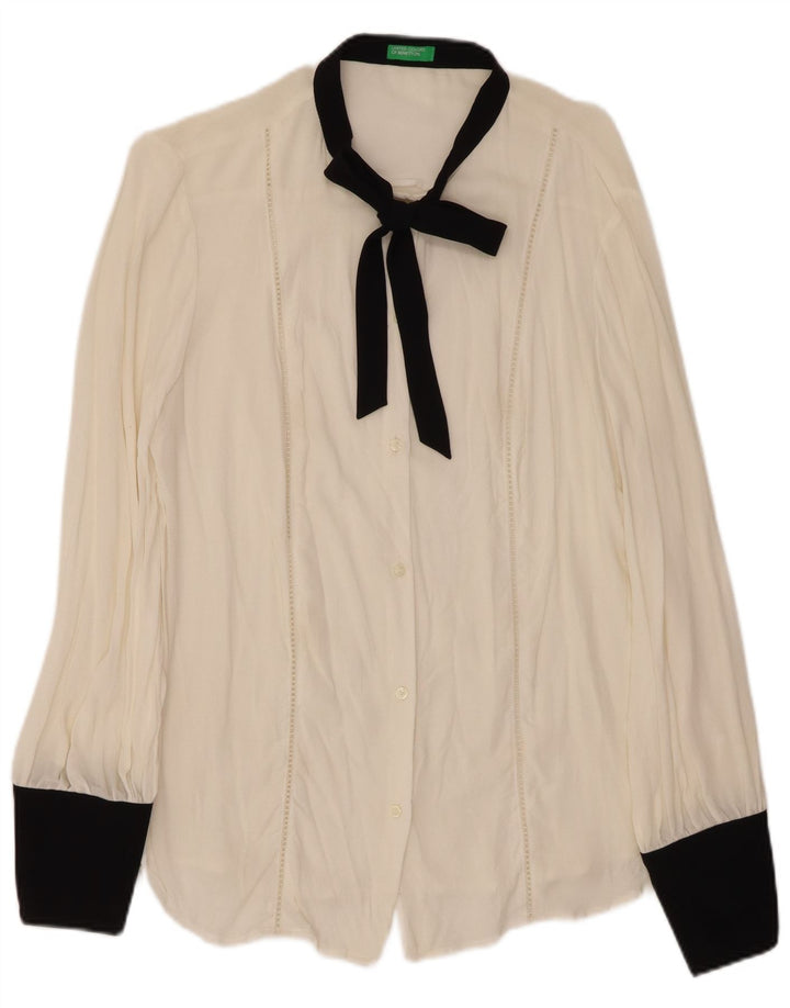 BENETTON Womens Bow Tie Shirt Blouse UK 16 Large White Colourblock Viscose