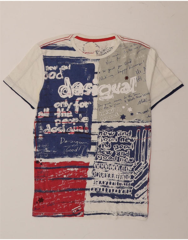Desigual Mens Graphic T-Shirt Top Small White Colourblock Cotton