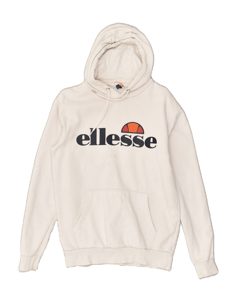 ELLESSE Womens Loose Fit Graphic Hoodie Jumper UK 10 Small Off White | Vintage Ellesse | Thrift | Second-Hand Ellesse | Used Clothing | Messina Hembry 