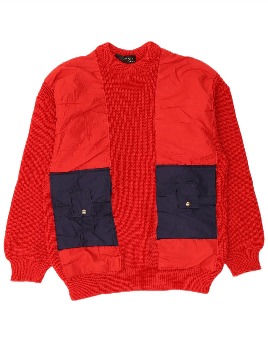 Vintage Mens Crew Neck Jumper Sweater Medium Red Colourblock
