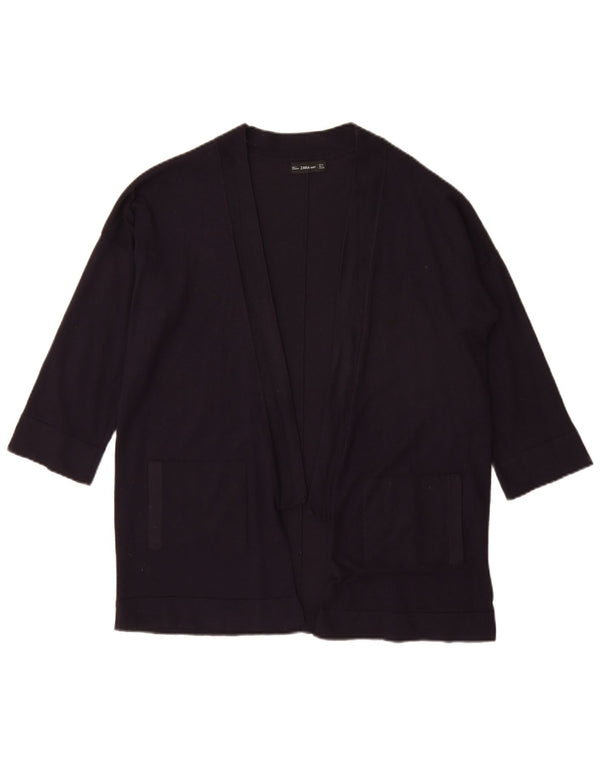 Zara Womens 3/4 Sleeve Open Cardigan Sweater UK 14 Medium Navy Blue Viscose