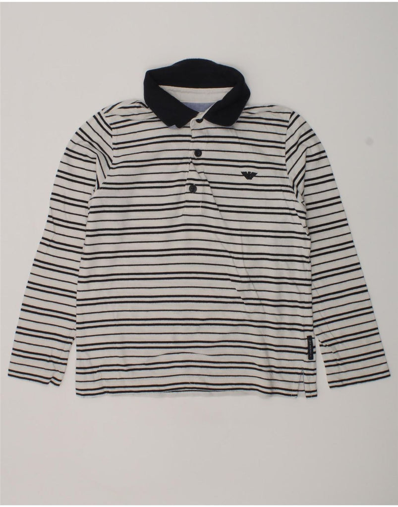 ARMANI JUNIOR Boys Long Sleeve Polo Shirt 7-8 Years White Striped Cotton | Vintage Armani Junior | Thrift | Second-Hand Armani Junior | Used Clothing | Messina Hembry 