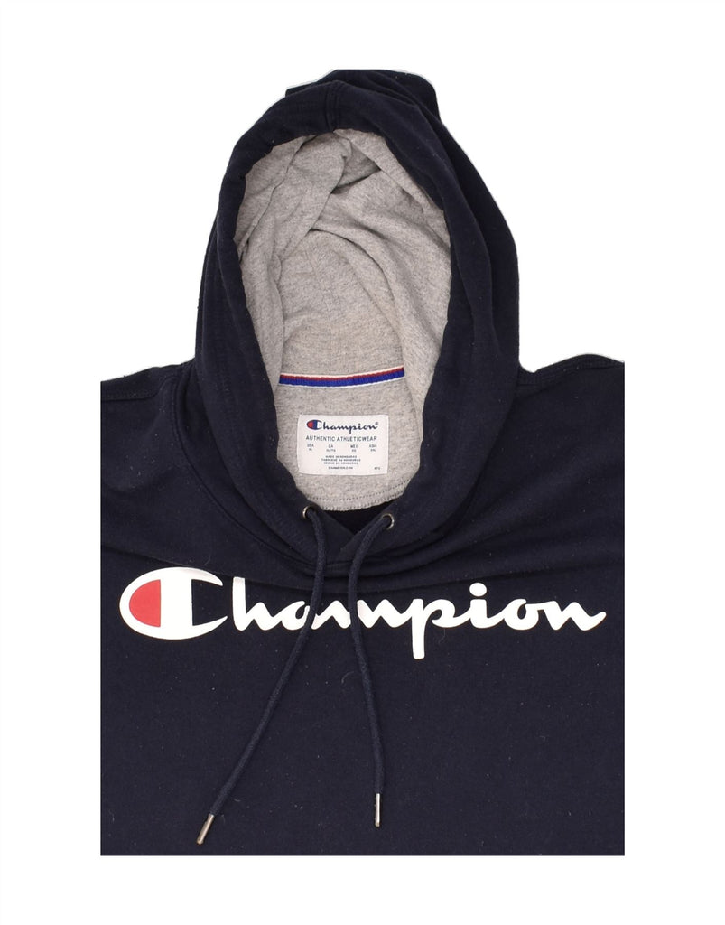 CHAMPION Mens Graphic Hoodie Jumper XL Navy Blue Cotton | Vintage Champion | Thrift | Second-Hand Champion | Used Clothing | Messina Hembry 