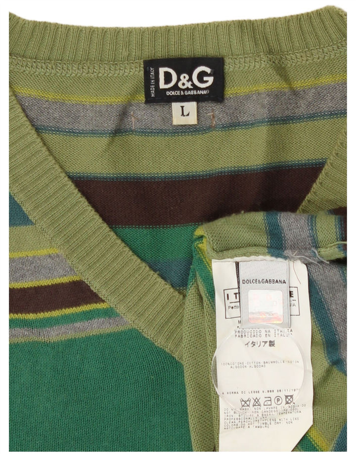 Dolce & Gabbana Mens V-Neck Jumper Sweater Large Green Striped Cotton