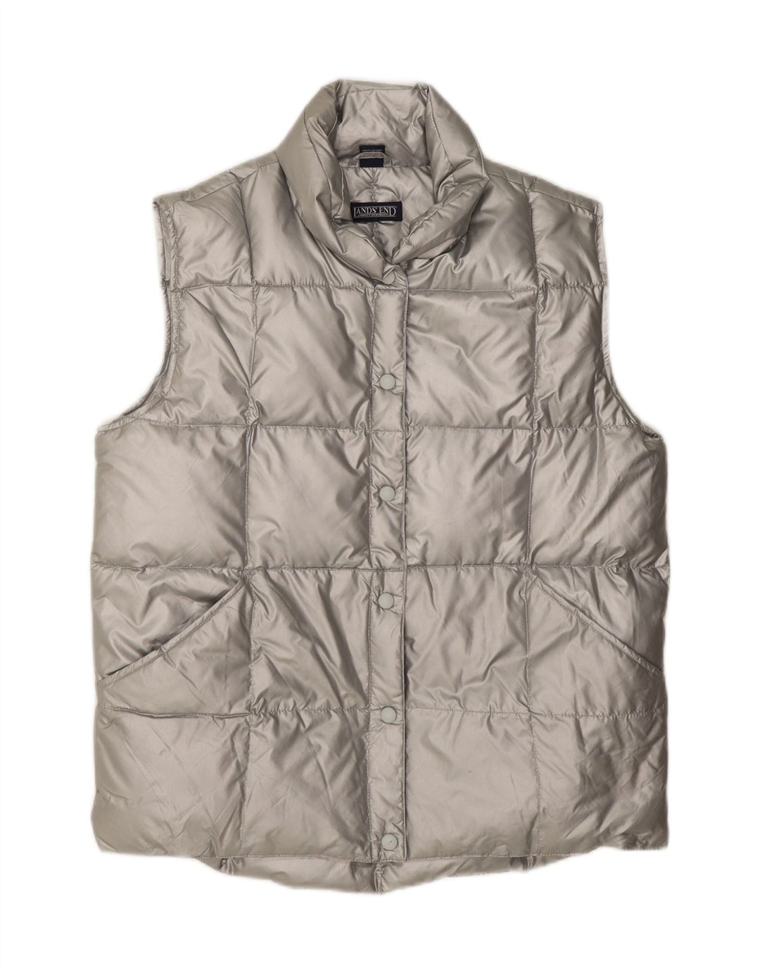 LANDS END Womens Regular Padded Gilet US 10/12 Large Silver Nylon Vintage Lands End and Second-Hand Lands End from Messina Hembry 