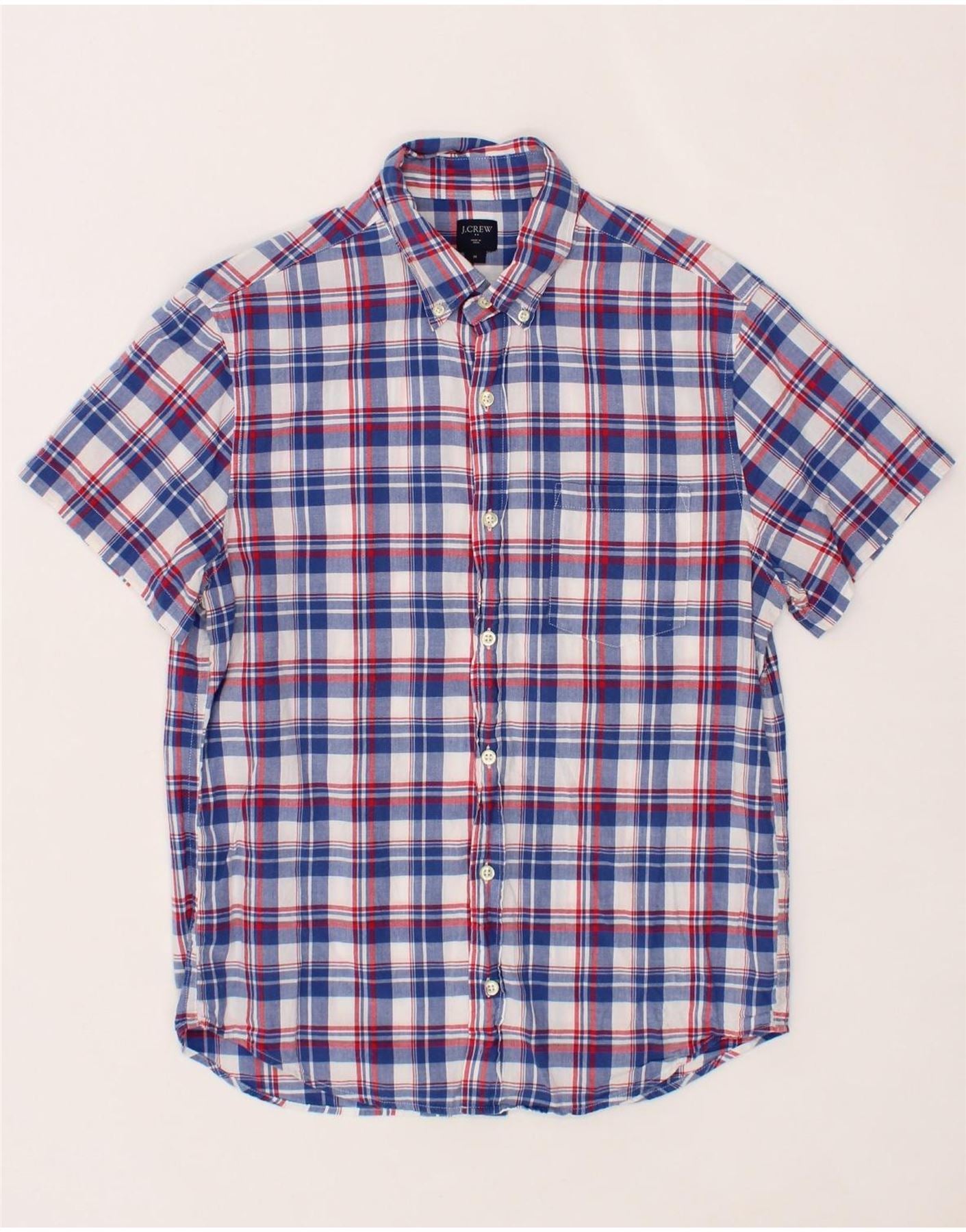 CREW Mens Short Sleeve Shirt Medium Blue Check Cotton Vintage