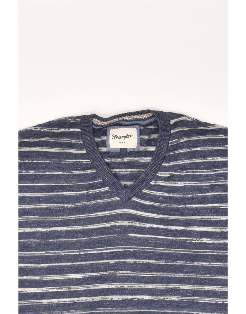 WRANGLER Mens V-Neck Jumper Sweater Large Navy Blue Striped Cotton | Vintage Wrangler | Thrift | Second-Hand Wrangler | Used Clothing | Messina Hembry 