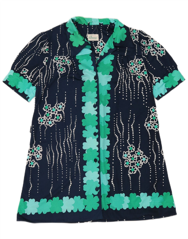 VINTAGE Womens Short Sleeves Shirt Dress UK 14 Large Navy Blue Floral