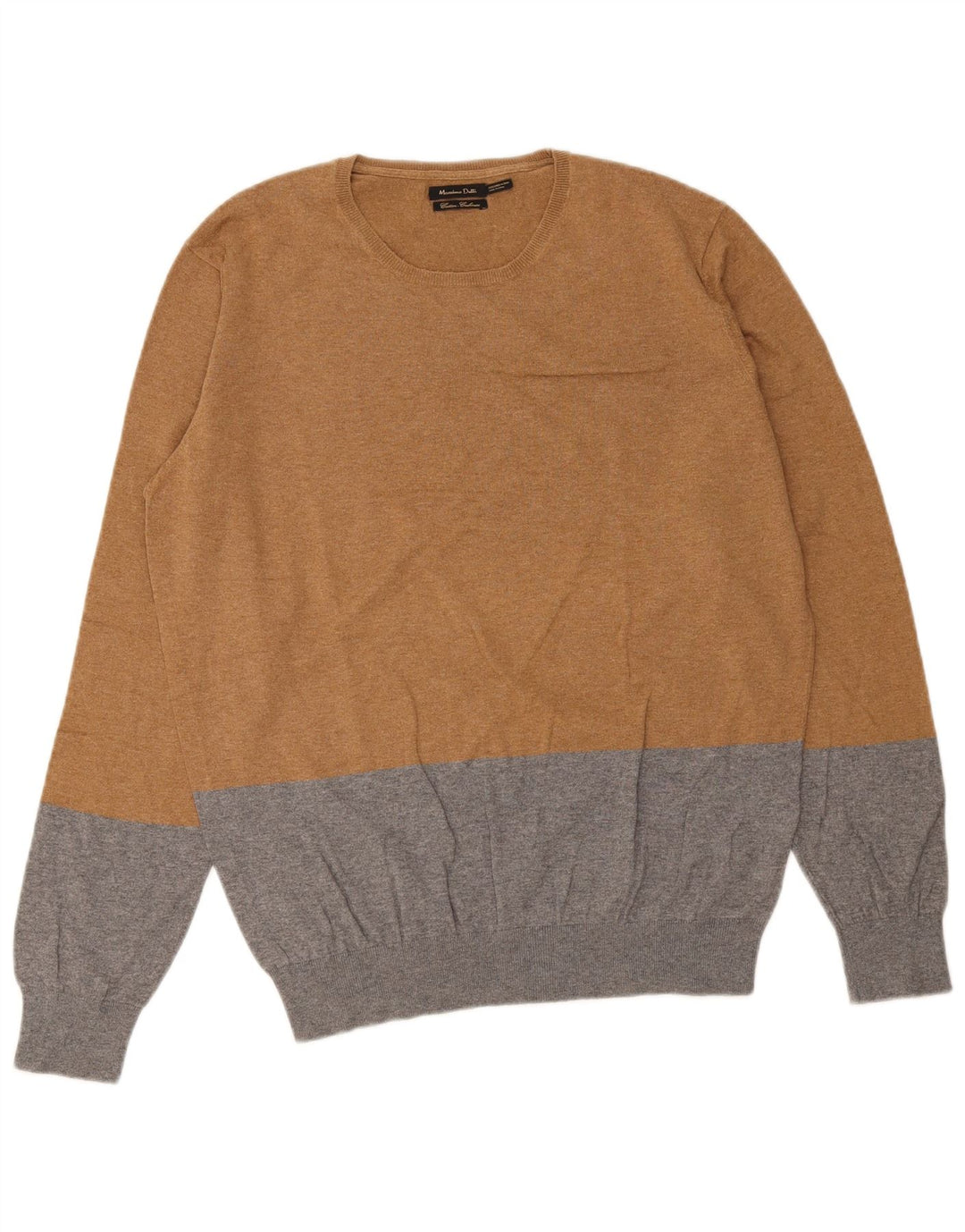 Massimo Dutti Mens Crew Neck Jumper Sweater Medium Brown Colourblock Cotton