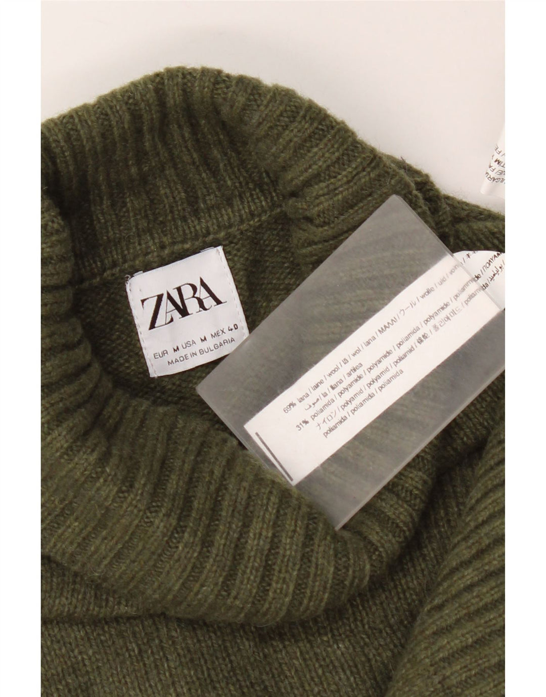 Zara Mens Roll Neck Jumper Sweater Medium Khaki Wool