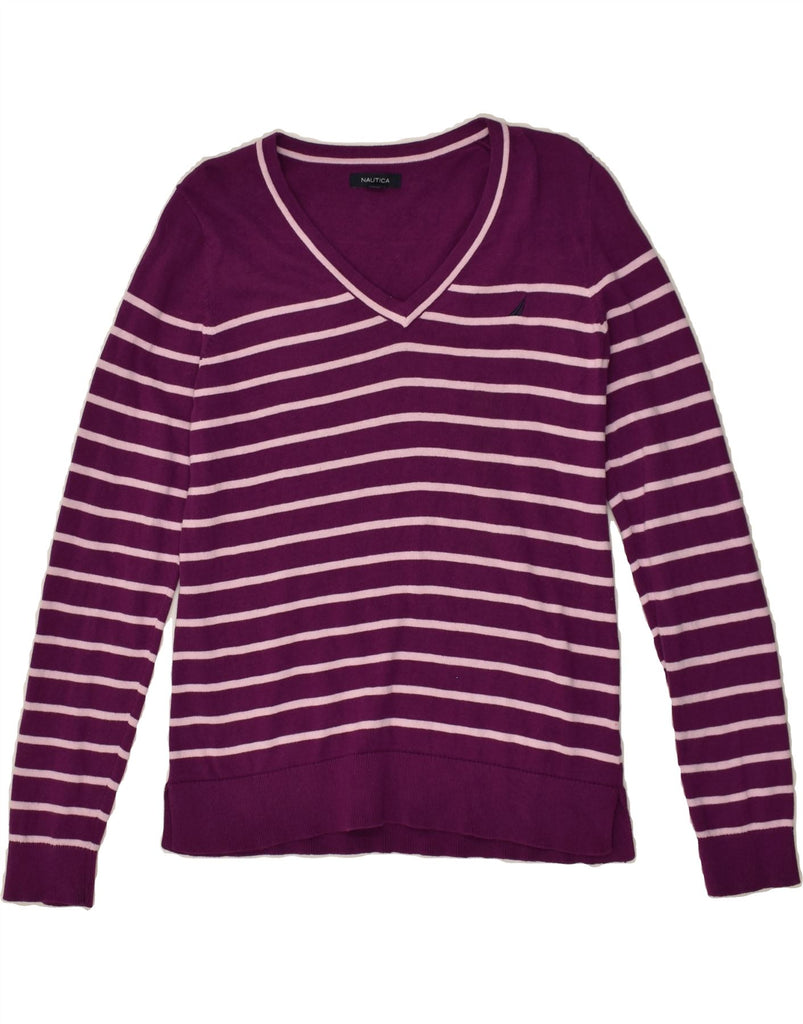 NAUTICA Womens V-Neck Jumper Sweater UK 14 Medium Purple Striped Cotton | Vintage Nautica | Thrift | Second-Hand Nautica | Used Clothing | Messina Hembry 