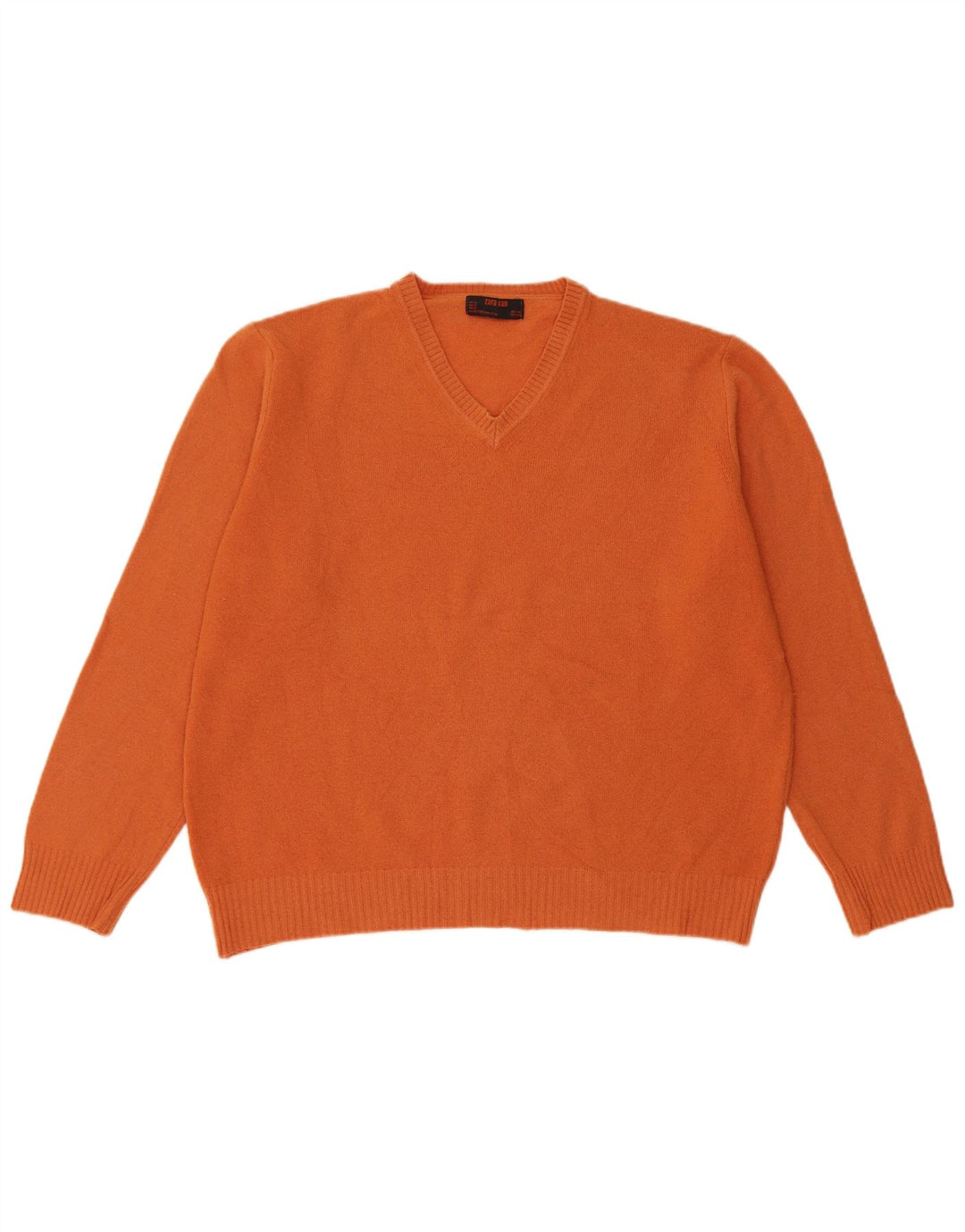ZARA Mens V-Neck Jumper Sweater XL Orange Wool