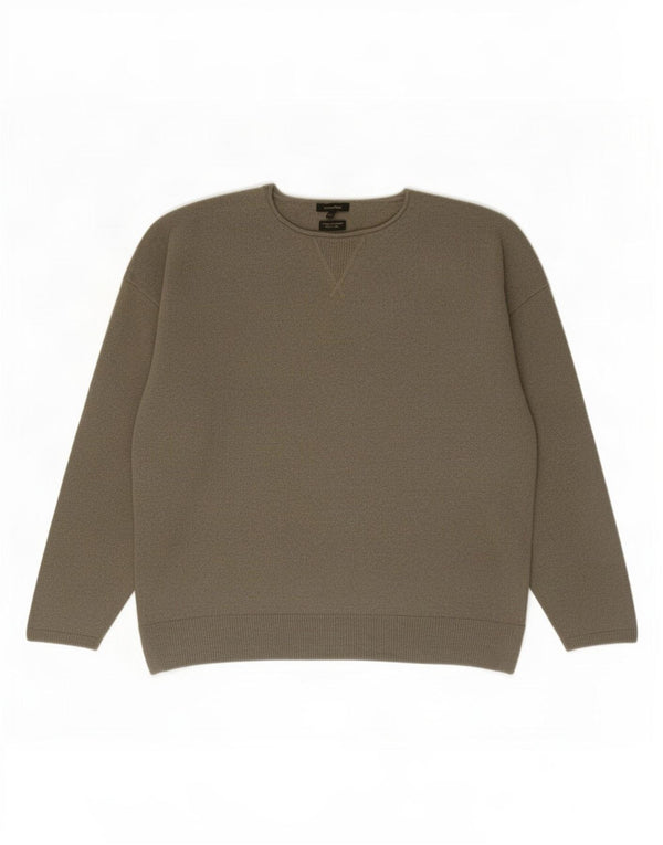 Massimo Dutti Womens Crew Neck Jumper Sweater UK 12 Medium Khaki Wool