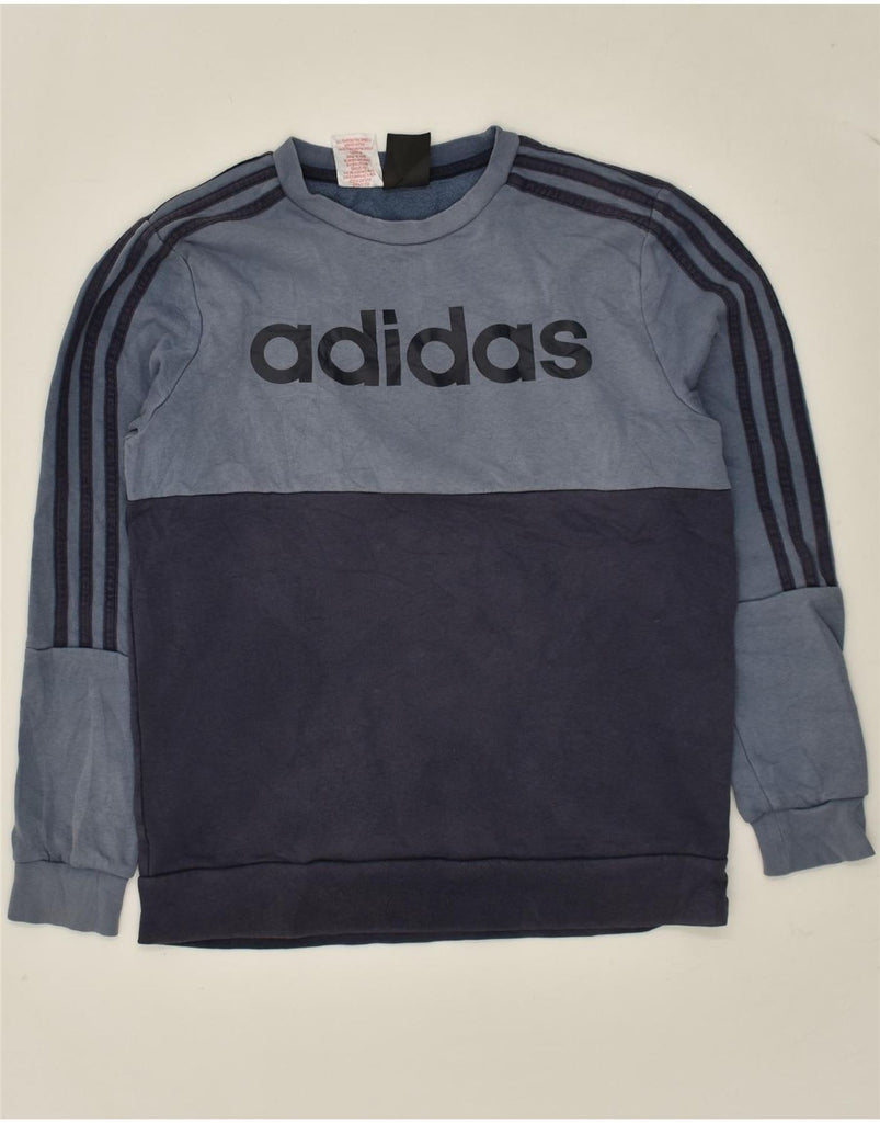 ADIDAS Boys Graphic Sweatshirt Jumper 13-14 Years Navy Blue Colourblock | Vintage Adidas | Thrift | Second-Hand Adidas | Used Clothing | Messina Hembry 