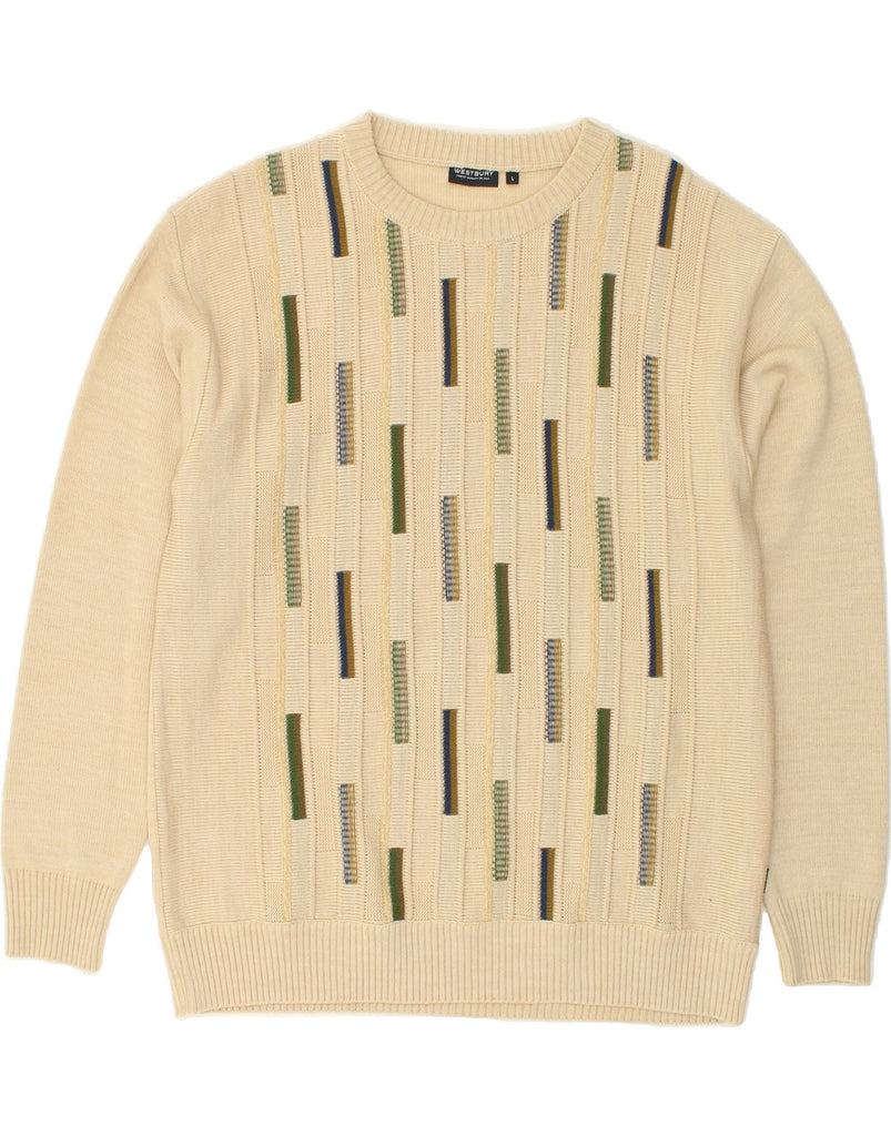 WESTBURY Mens Boat Neck Jumper Sweater Large Beige Geometric Wool | Vintage WESTBURY | Thrift | Second-Hand WESTBURY | Used Clothing | Messina Hembry 