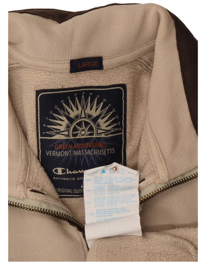 CHAMPION Mens Zip Neck Sweatshirt Jumper Large Beige Colourblock Cotton