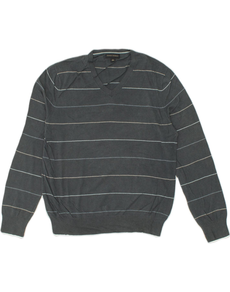 BANANA REPUBLIC Mens V-Neck Jumper Sweater Large Grey Striped Silk | Vintage Banana Republic | Thrift | Second-Hand Banana Republic | Used Clothing | Messina Hembry 