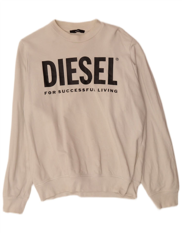 DIESEL Mens Graphic Sweatshirt Jumper Small Off White Cotton
