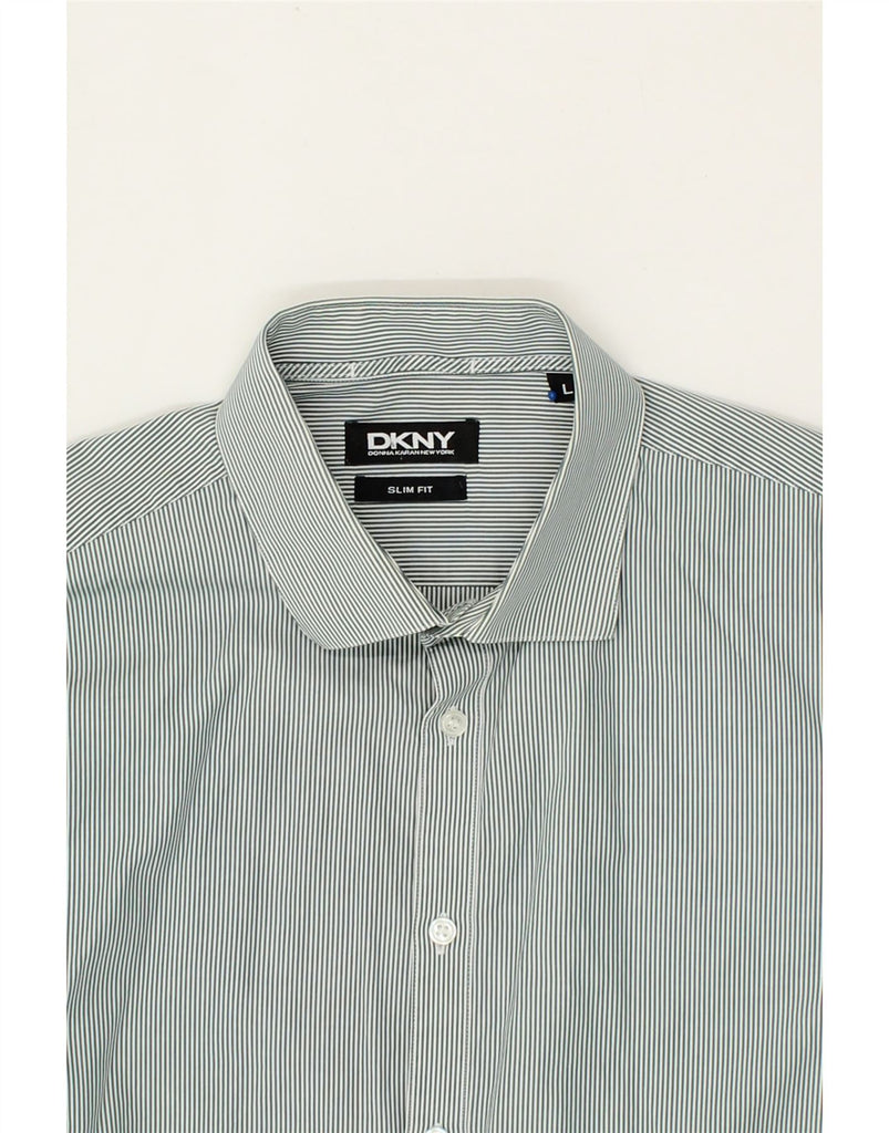 DKNY Mens Slim Fit Shirt Large Green Pinstripe Cotton Vintage Dkny and Second-Hand Dkny from Messina Hembry 