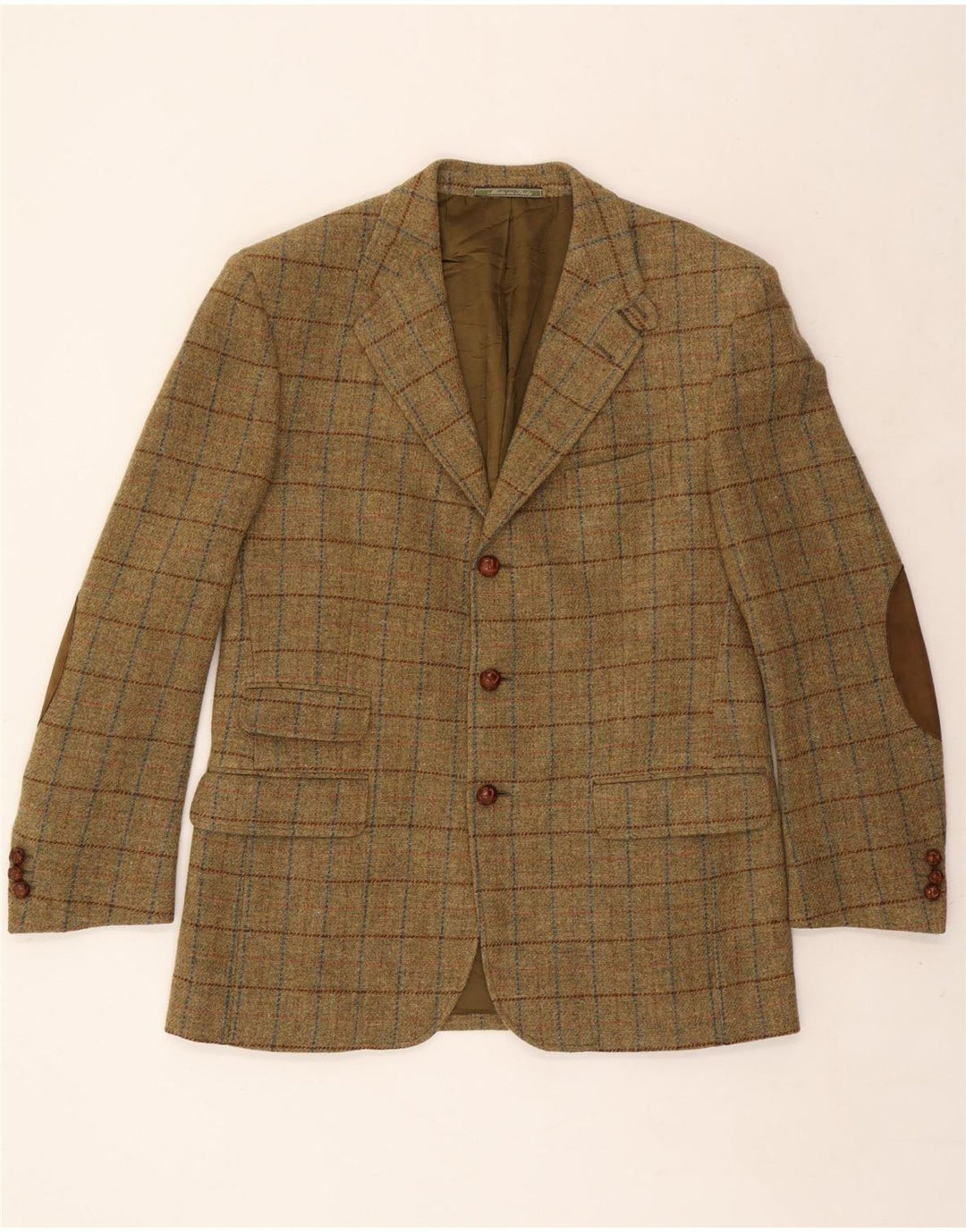 VINTAGE Mens 3 Button Blazer Jacket IT 52 XL Khaki Check Wool