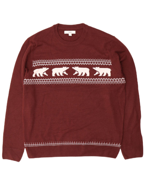Marks & Spencer Mens Crew Neck Jumper Sweater Large Burgundy Fair Isle