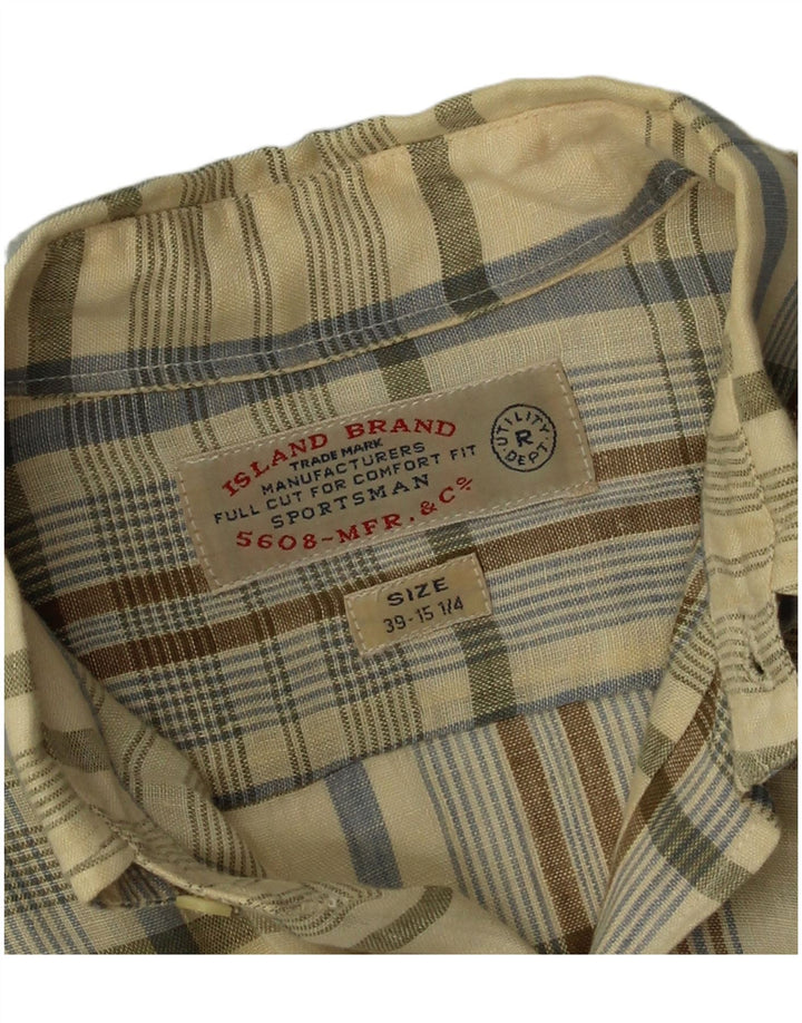 Vintage Mens Shirt Size 39 15 1/4 Medium Beige Check Linen
