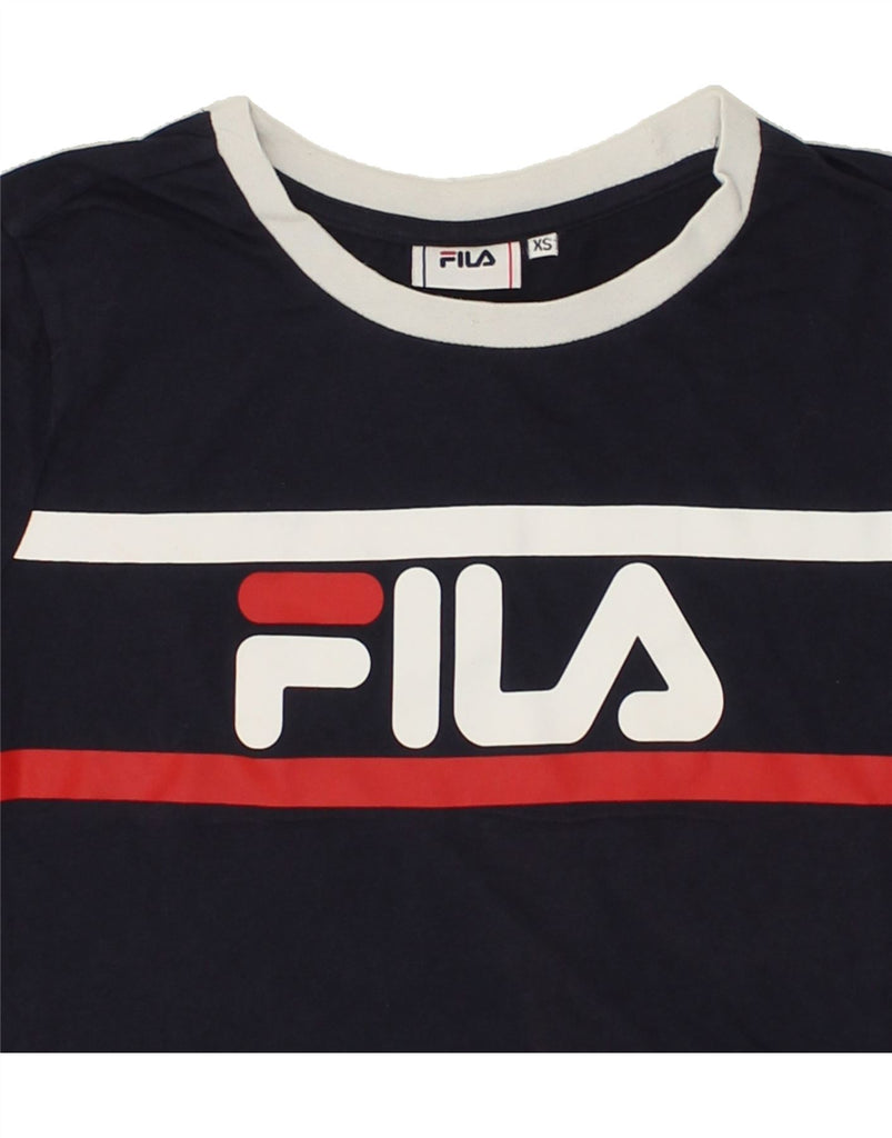 FILA Womens Crop Graphic T-Shirt Top UK 6 XS Navy Blue Cotton | Vintage Fila | Thrift | Second-Hand Fila | Used Clothing | Messina Hembry 