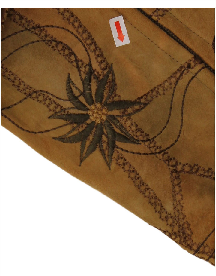 VINTAGE Womens Suede Waistcoat EU 38 Medium Brown Floral Leather