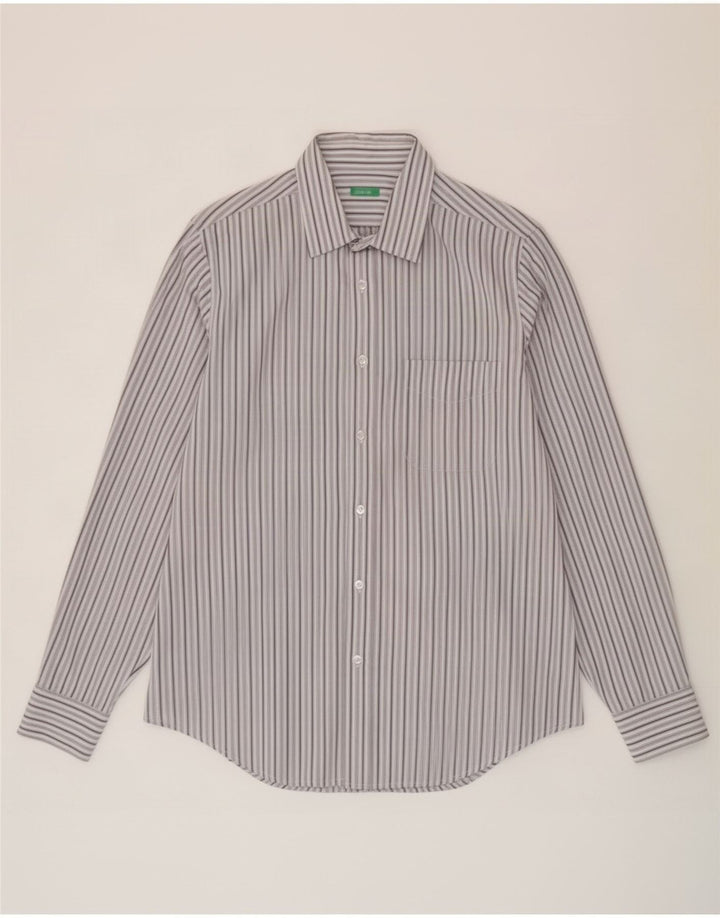 Benetton Mens Shirt Large Grey Striped Cotton