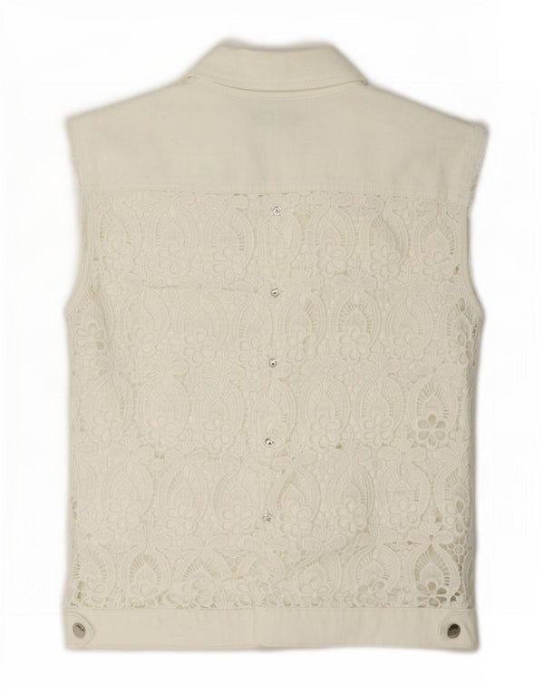 Twin-Set Womens Denim Gilet UK 10 Small Off White Floral Cotton