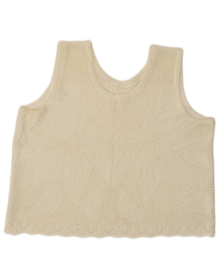 Vintage Womens Crop Vest Tank Top UK 16 Large Off White Floral