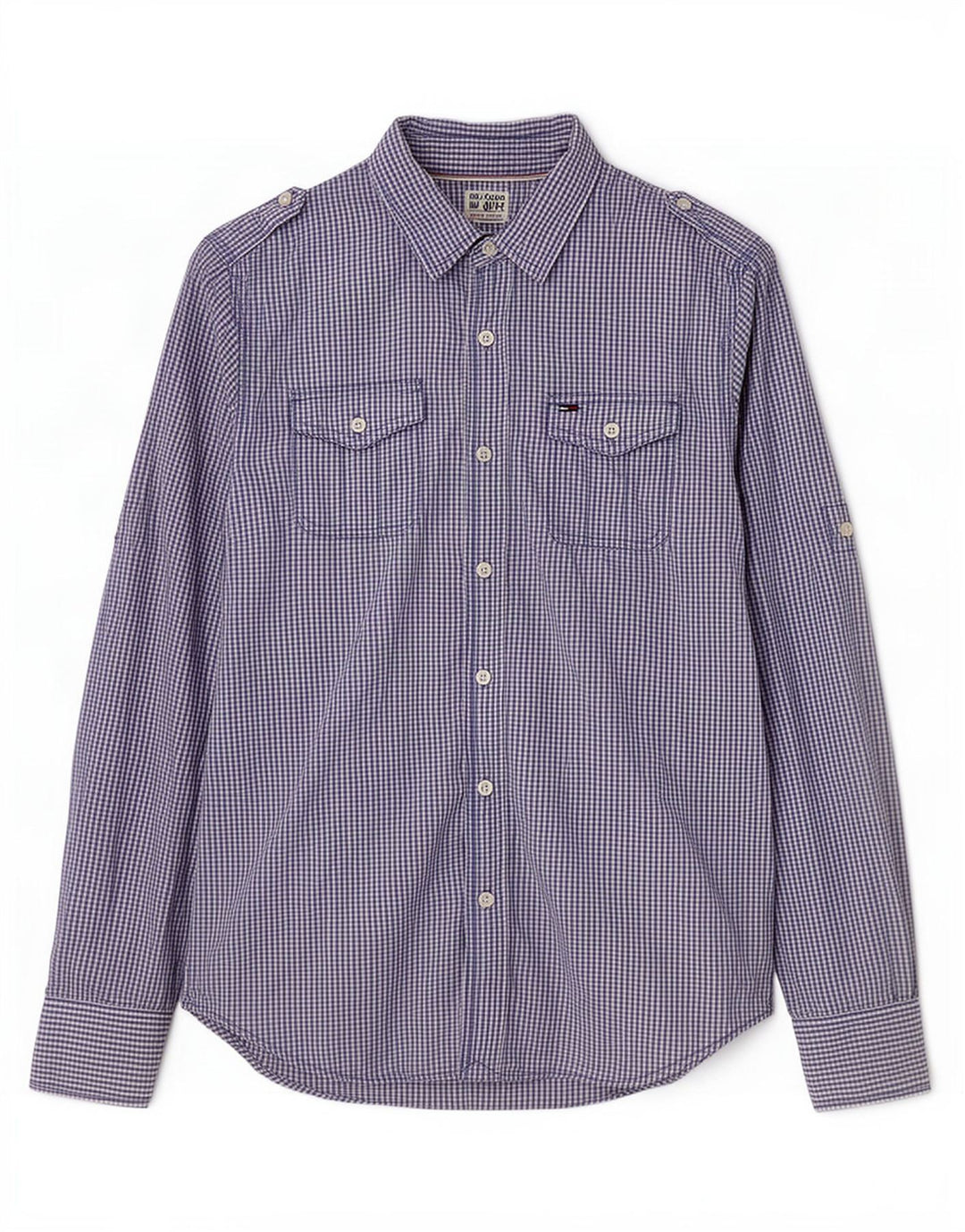Tommy Hilfiger Mens Military Shirt Small Blue Gingham Cotton