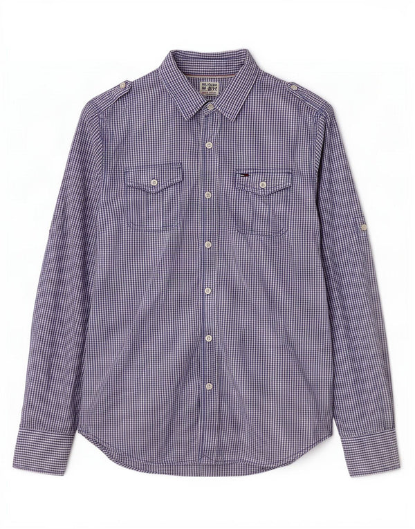 Tommy Hilfiger Mens Military Shirt Small Blue Gingham Cotton