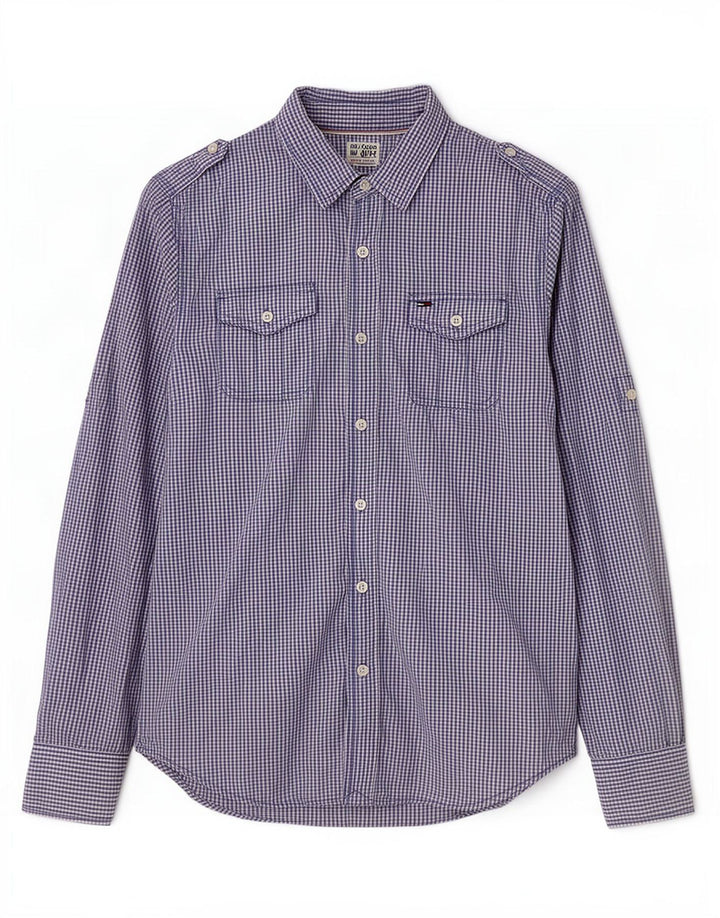 Tommy Hilfiger Mens Military Shirt Small Blue Gingham Cotton