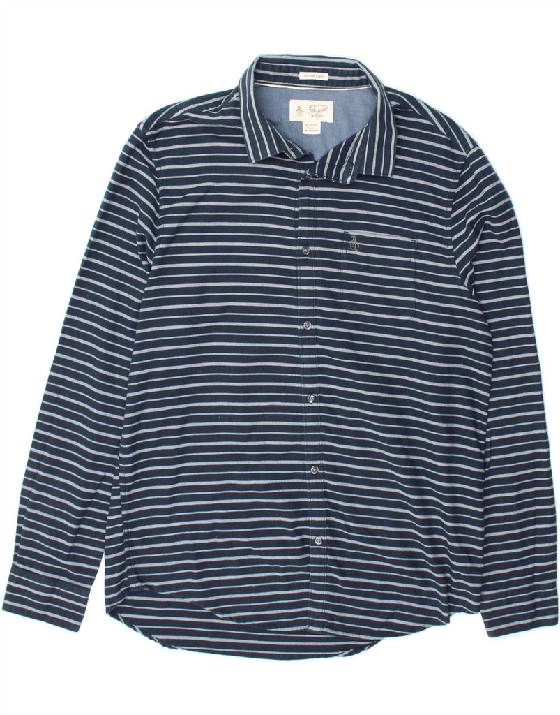 PENGUIN Mens Heritage Slim Fit Shirt XL Navy Blue Striped Cotton Vintage Penguin and Second-Hand Penguin from Messina Hembry 