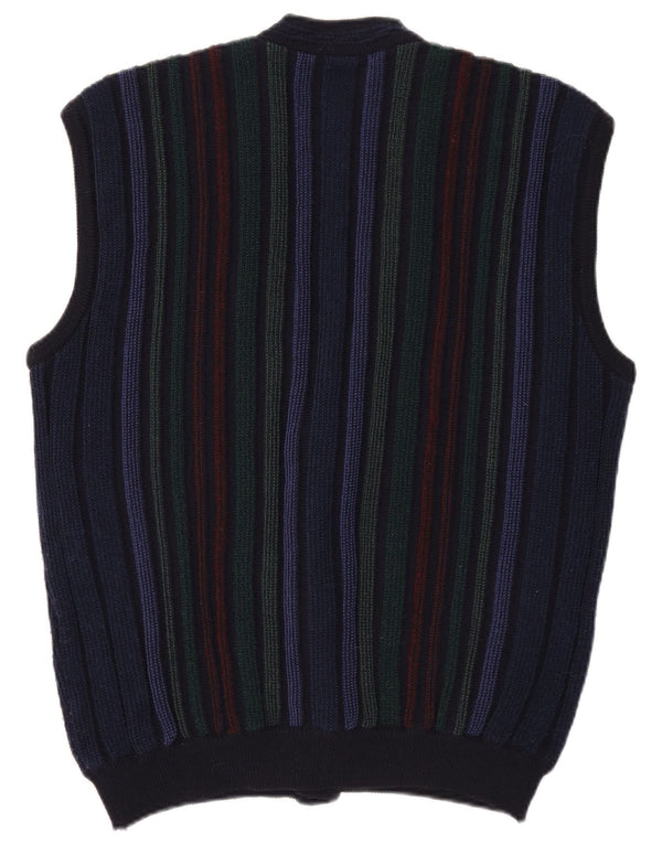 Rasica Mens Sleeveless Cardigan Sweater IT 50 Medium Navy Blue Striped Wool