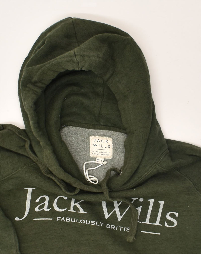 JACK WILLS Womens Loose Fit Graphic Hoodie Jumper UK 6 XS Khaki Cotton | Vintage Jack Wills | Thrift | Second-Hand Jack Wills | Used Clothing | Messina Hembry 