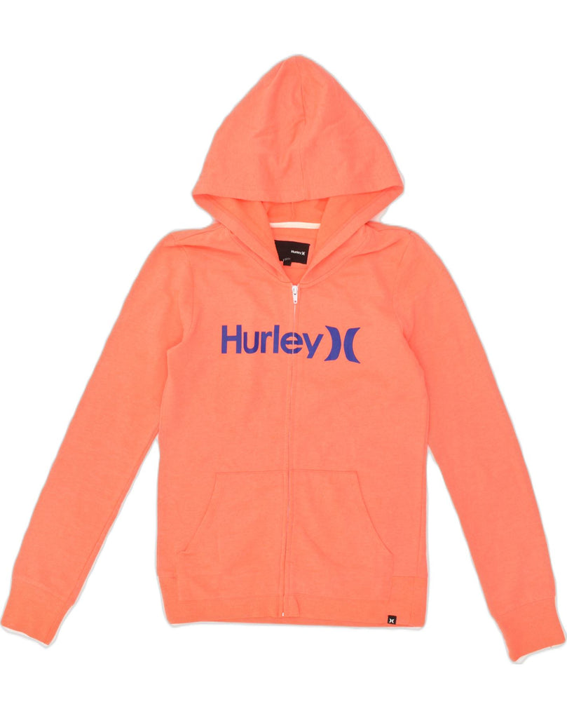 HURLEY Womens Graphic Zip Hoodie Sweater UK 12 Medium Orange Polyester | Vintage Hurley | Thrift | Second-Hand Hurley | Used Clothing | Messina Hembry 