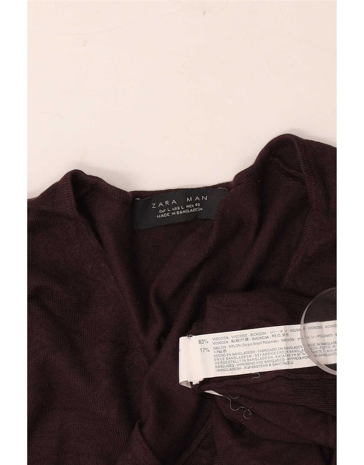 Zara Mens V-Neck Jumper Sweater Large Brown Viscose