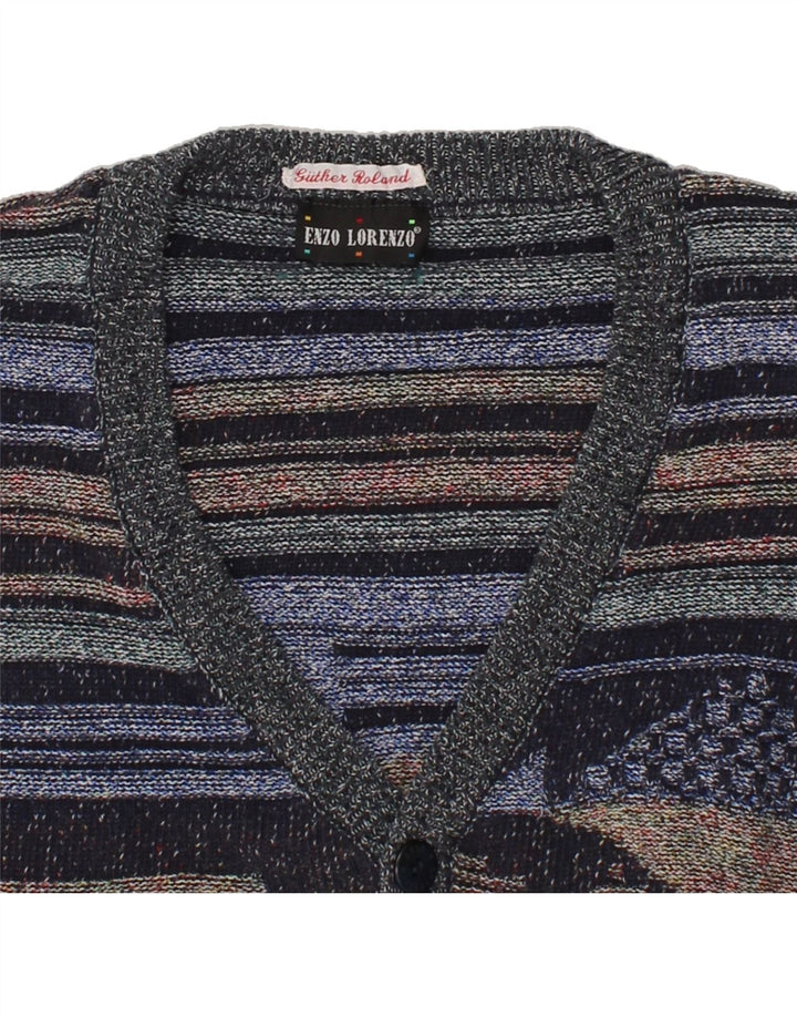 ENZO LORENZO Mens Cardigan Sweater Large Navy Blue Geometric