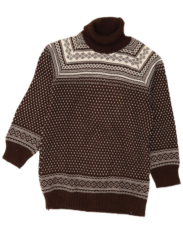 Vintage Mens Roll Neck Jumper Sweater UK 12 Medium Brown Fair Isle