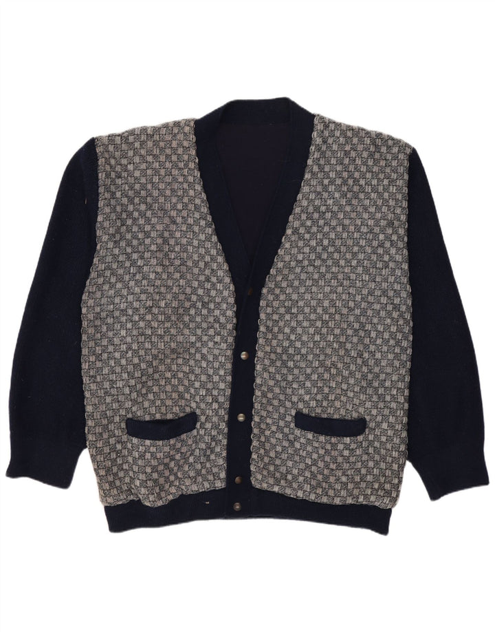 Vintage Mens Cardigan Sweater Medium Navy Blue Geometric